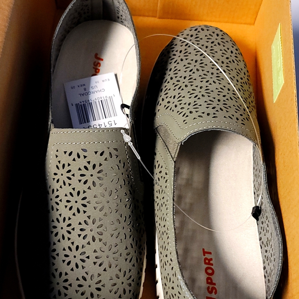 Jambu JSport Ladies' Floral Laser Cut Pattern Slip On Shoes charcoal